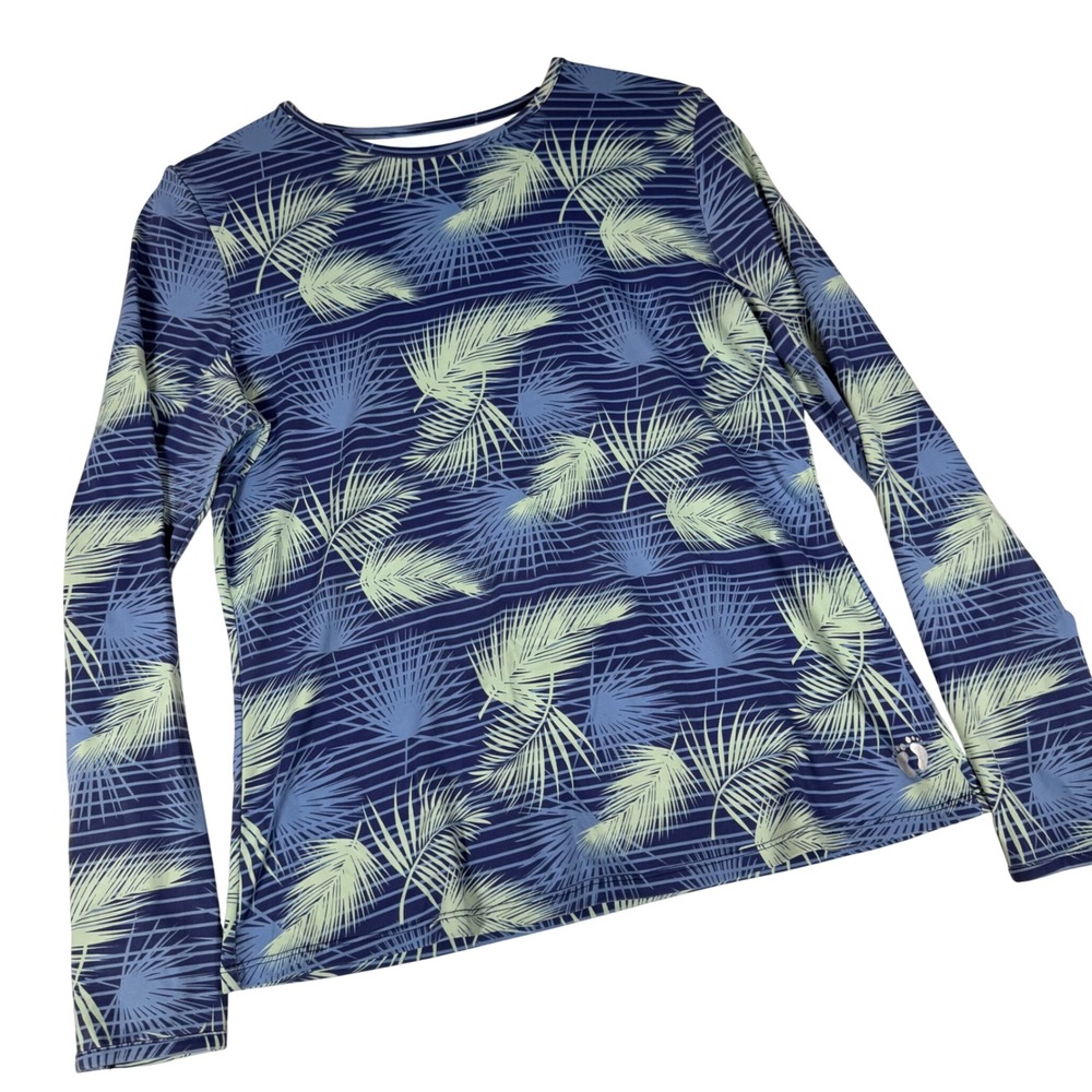 Hang Ten Rash Guard Womens Medium Blue Palm Print Long Sleeve Swim Top UPF 50